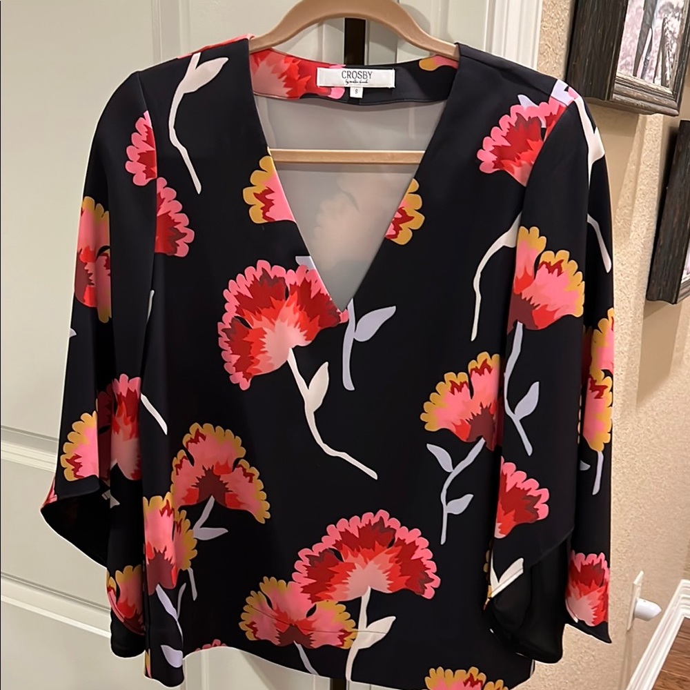 CROSBY Black Floral Women's Top  with bell sleeves